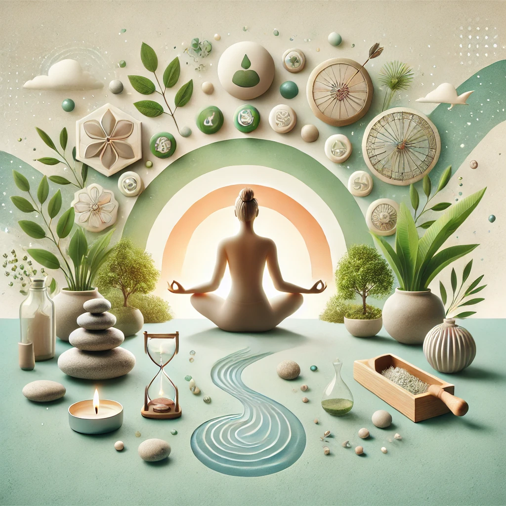 One Stop Drugs Pharmacy DALL·E 2024 08 29 21.58.00 A serene and balanced image showing a person engaging in stress relief activities such as meditation or yoga in a calm nature inspired setting. Sur