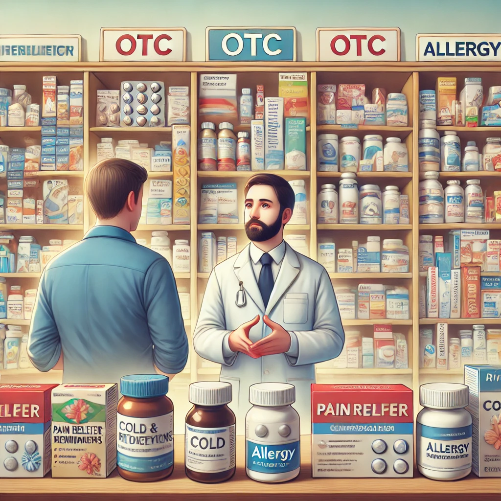 One Stop Drugs Pharmacy DALL·E 2024 09 01 19.39.32 An informative image depicting a variety of over the counter OTC medications such as pain relievers cold and flu remedies and allergy medications